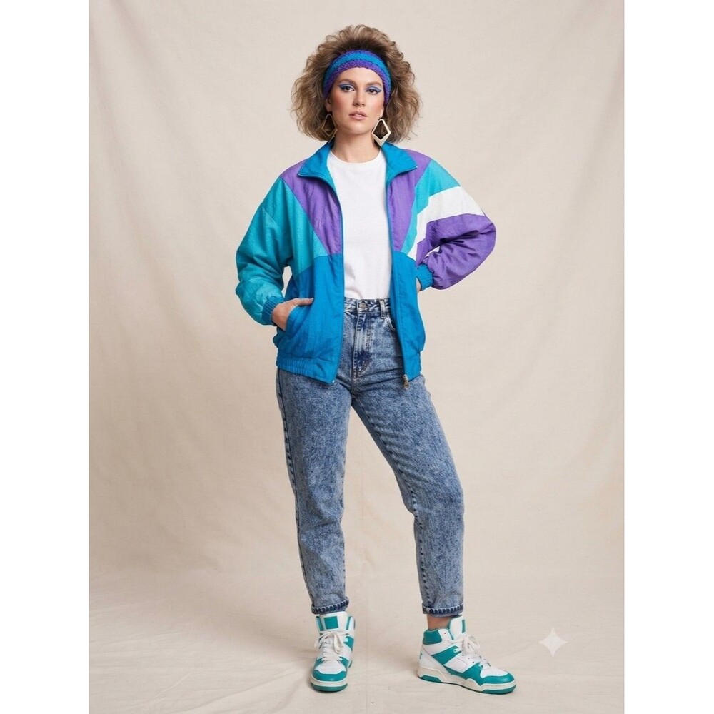 Vintage 80s Retro Colorblock Windbreaker Jacket Women’s Collared Full Zip Short